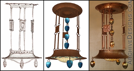 San Mateo Chandelier--in copper, leaded glass, blown glass, and repoussé