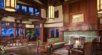 Torrey Pines resort lobby, note grand fire surround and screen by Archive Designs.