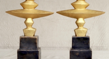 Bronze Andiron Bases with vintage gold leaf elements by Joe Mross