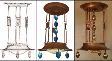 San Mateo Chandelier--in copper, leaded glass, blown glass, and repoussé