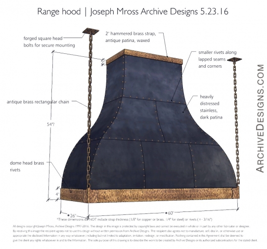 Design for dark patina kitchen hood in brass by archive designs