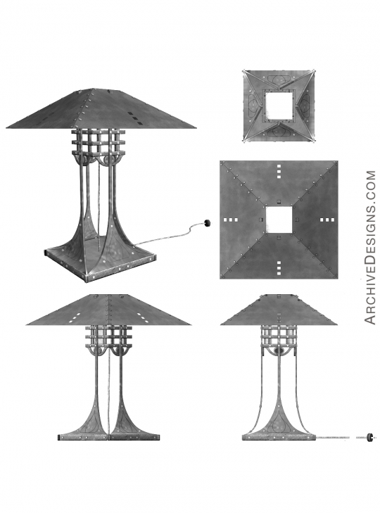 Early design renderings for table lamp in steel and copper