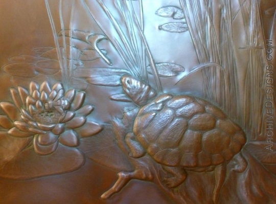 A turtle basks for a few minutes in the Summer Pond repoussé in copper