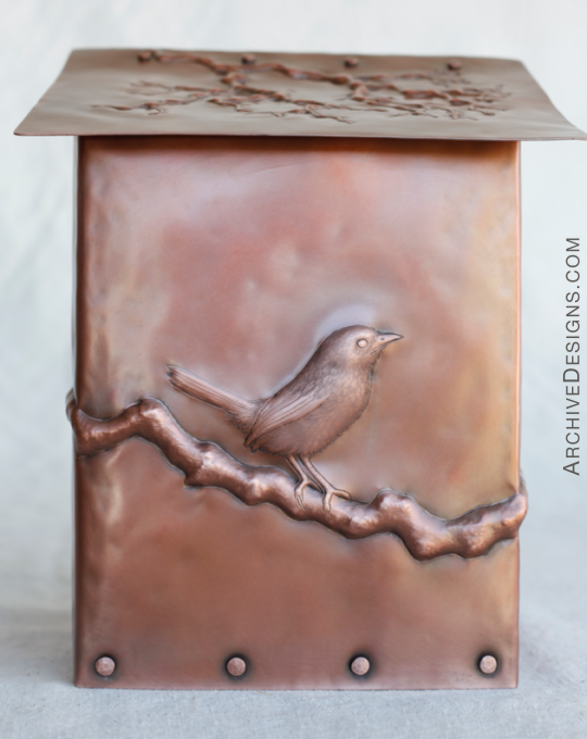 Wren repoussé mailbox--Singing wren in copper