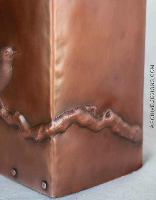 Wren repoussé mailbox--Singing wren in copper by Archive Designs, caterpillar on the run