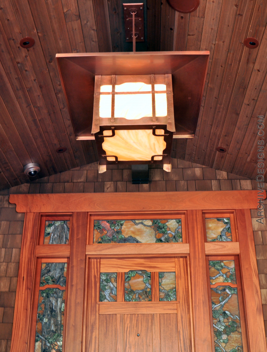 Greene & Greene-inspired copper lantern at main entrance