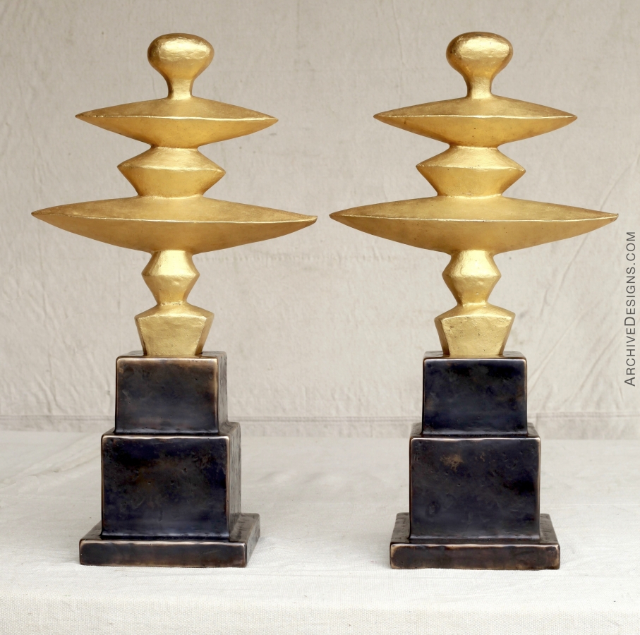 Bronze Andiron Bases with vintage gold leaf elements by Joe Mross