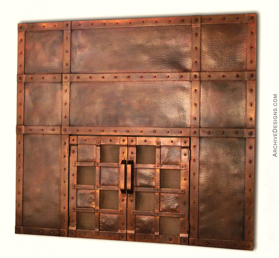 Fireplace surround and doors, in copper, with copper screen panels--Arts and Crafts