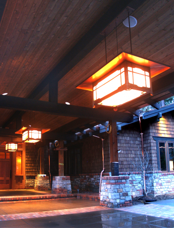 Greene & Greene-inspired copper lanterns, with art glass, for a home in Lake Oswego, Oregon.